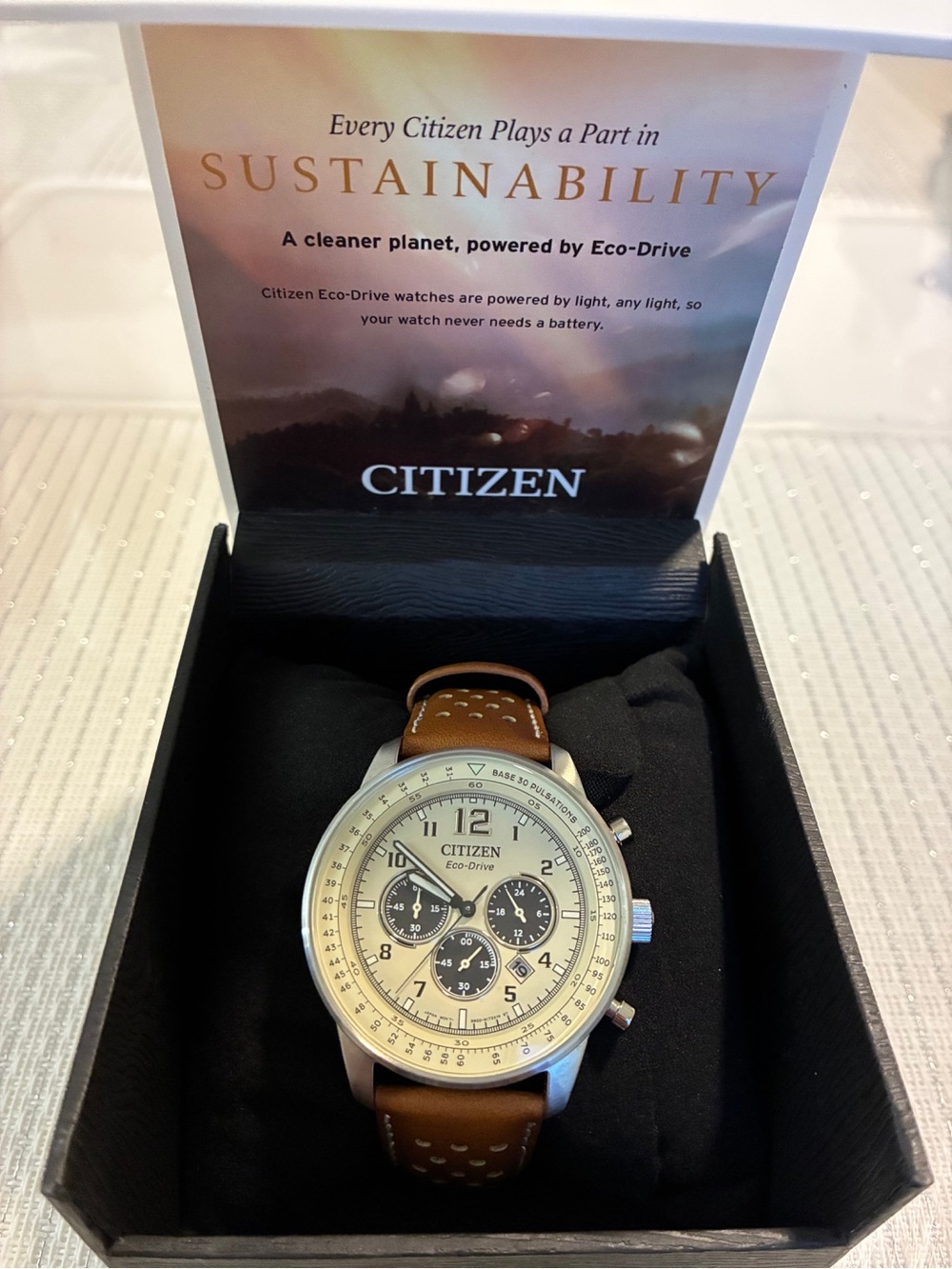 Citizen Eco-Drive Chronograph Watch in Cream Dial and Brown Strap